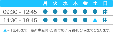 月～金 9:30～12:45,14:30～18:45／土 9:30～12:45,14:30～16:45／日曜・祝祭日定休