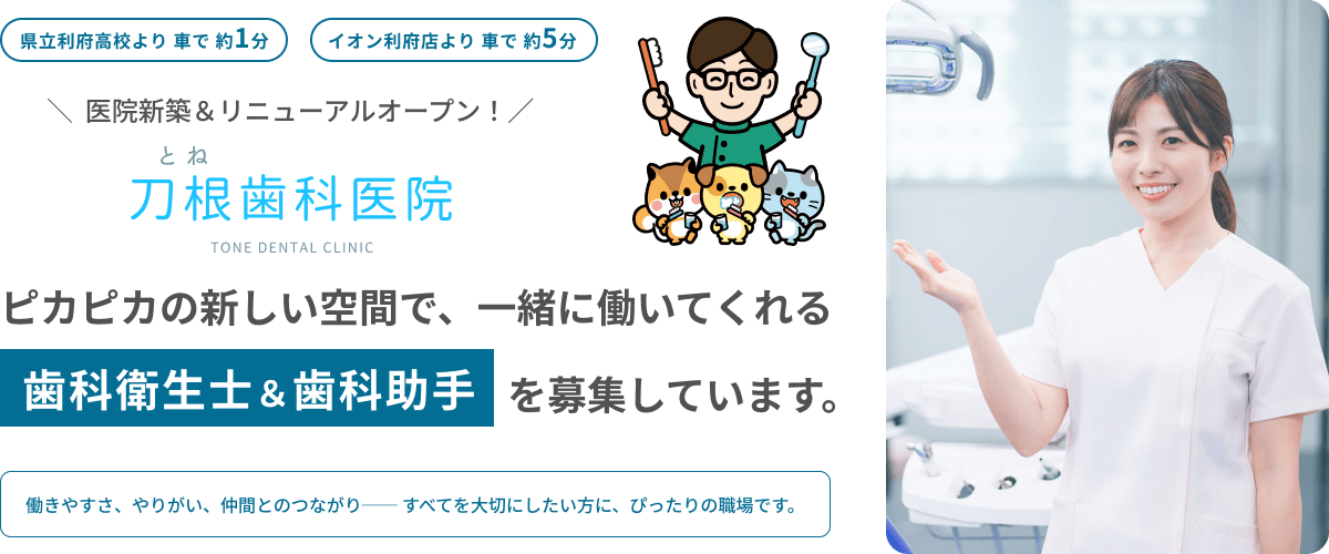 ピカピカの新しい空間で、一緒に働いてくれる歯科衛生士&歯科助手を募集しています。
